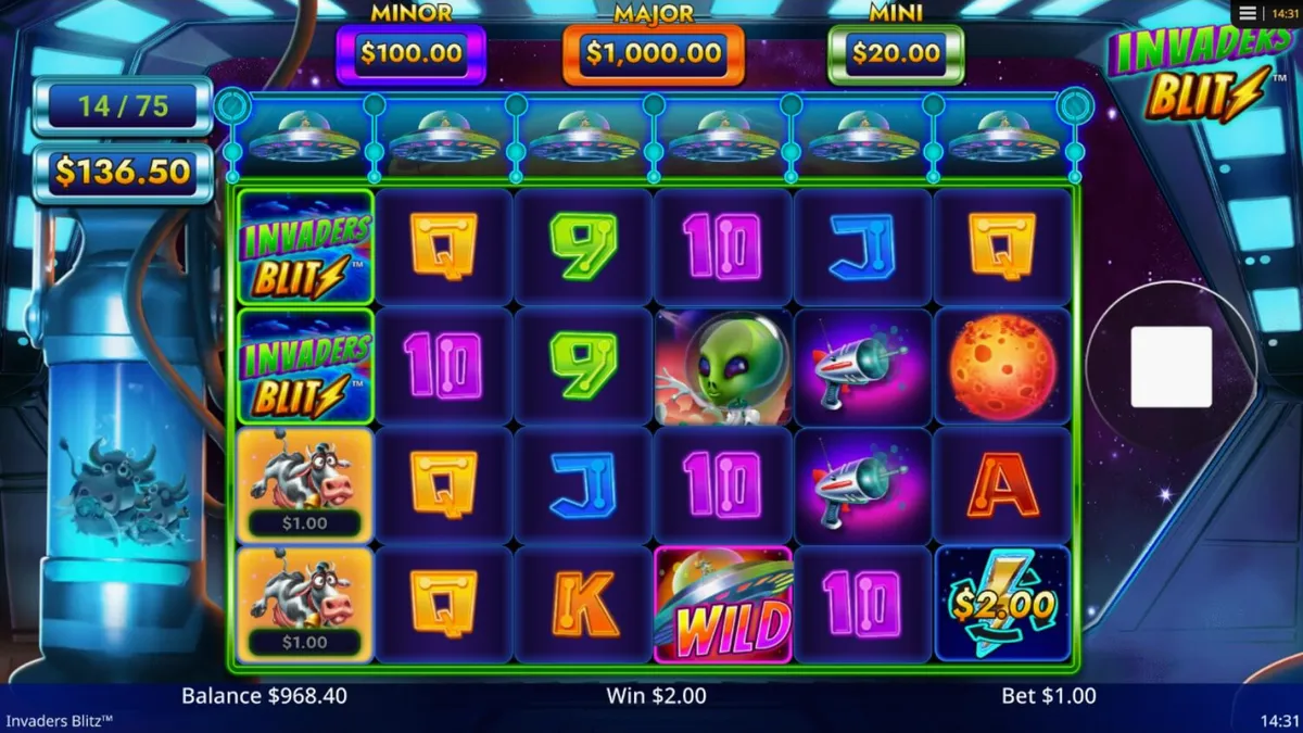 Invaders Blitz slot machine interface featuring alien cows and sci-fi elements