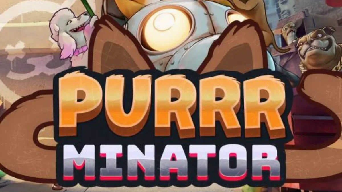 Pemandangan visual neon-noir dari slot Purrrminator Dream Drop dengan karakter kucing robot.