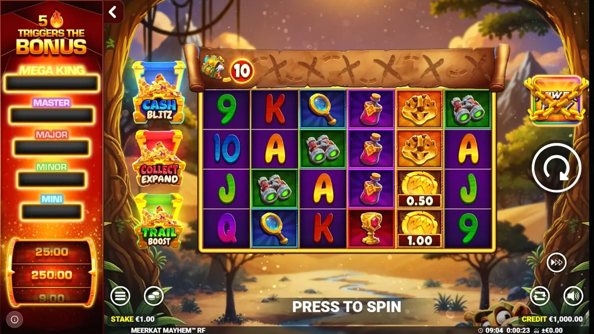Pemandangan gurun pasir dengan meerkat sebagai pemandu dalam slot Meerkat Mayhem