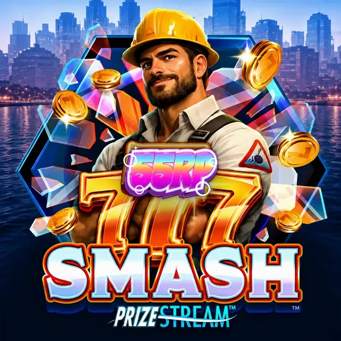 Tampilan visual permainan slot 777 Smash dengan tema konstruksi dan bola penghancur.
